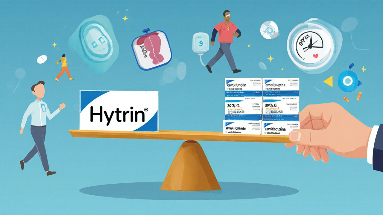 Balanced scale comparing Hytrin to modern alternatives, with health icons and doctor's hand tipping toward safer options.