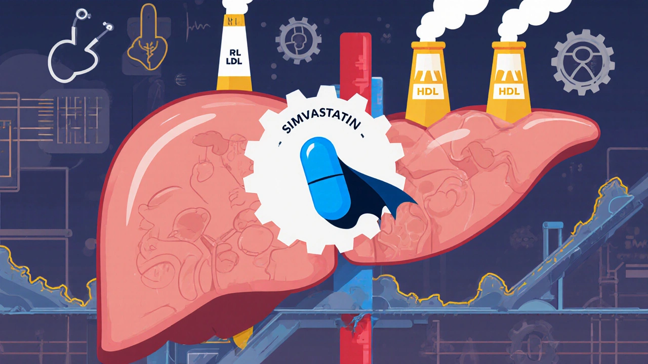 Cartoon liver factory with Simvastatin blocking cholesterol production.