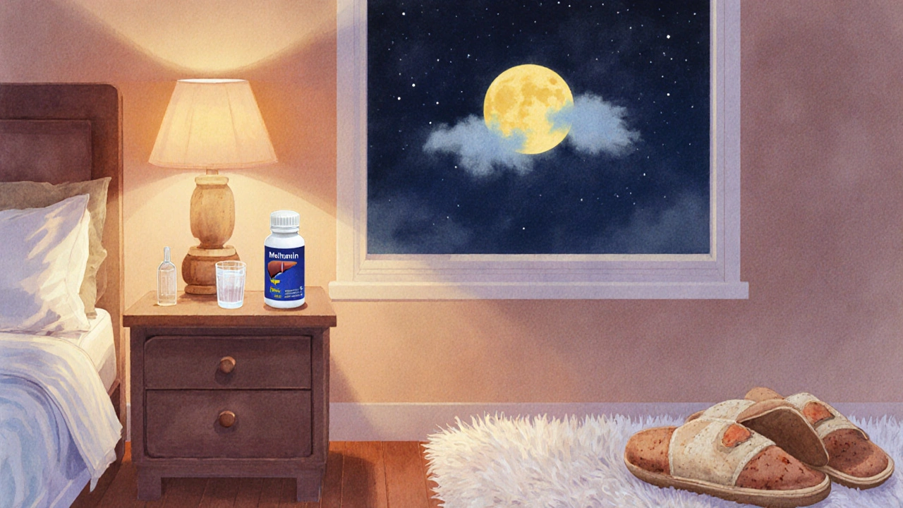 Cozy bedroom night‑routine with melatonin, water, slippers and moonlit window for sleep tips.