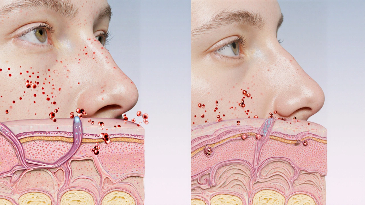 Cross‑section of skin showing acne fading after Minocin treatment.