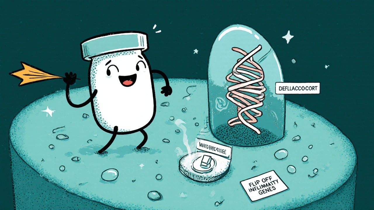 Deflazacort molecule enters a cell, binds receptor, and switches off DNA inflammation genes.