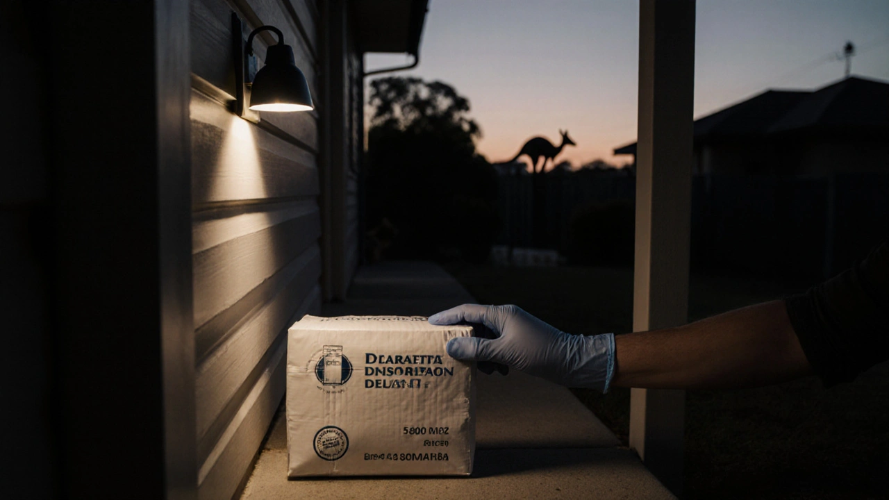 Evening doorstep with sealed medication parcel being inspected by gloved hands.