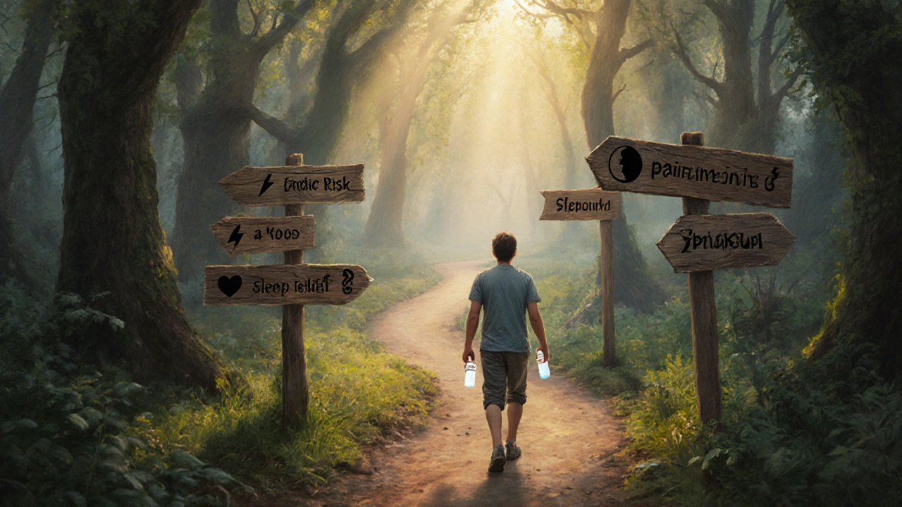 Forest path with signposts representing health considerations, a person choosing a direction.
