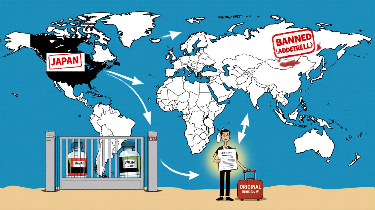 Global map showing restricted countries with banned medications, unlocked by a glowing doctor’s letter held by a traveler.