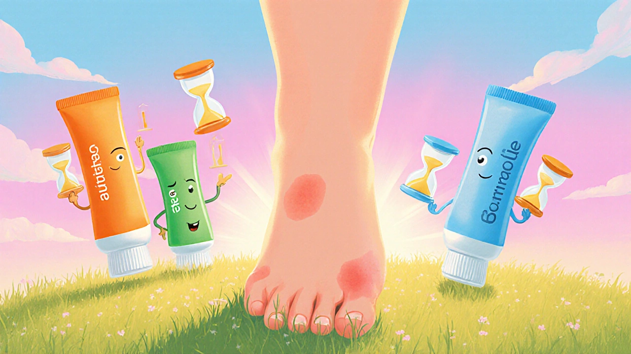 Healthy foot on a meadow with cartoon cream tubes holding hourglasses indicating quick relief.