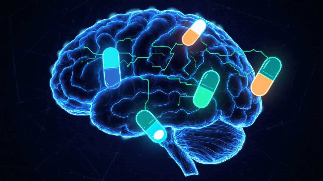 Illustration of brain pathways with glowing serotonin and norepinephrine and pill icons.