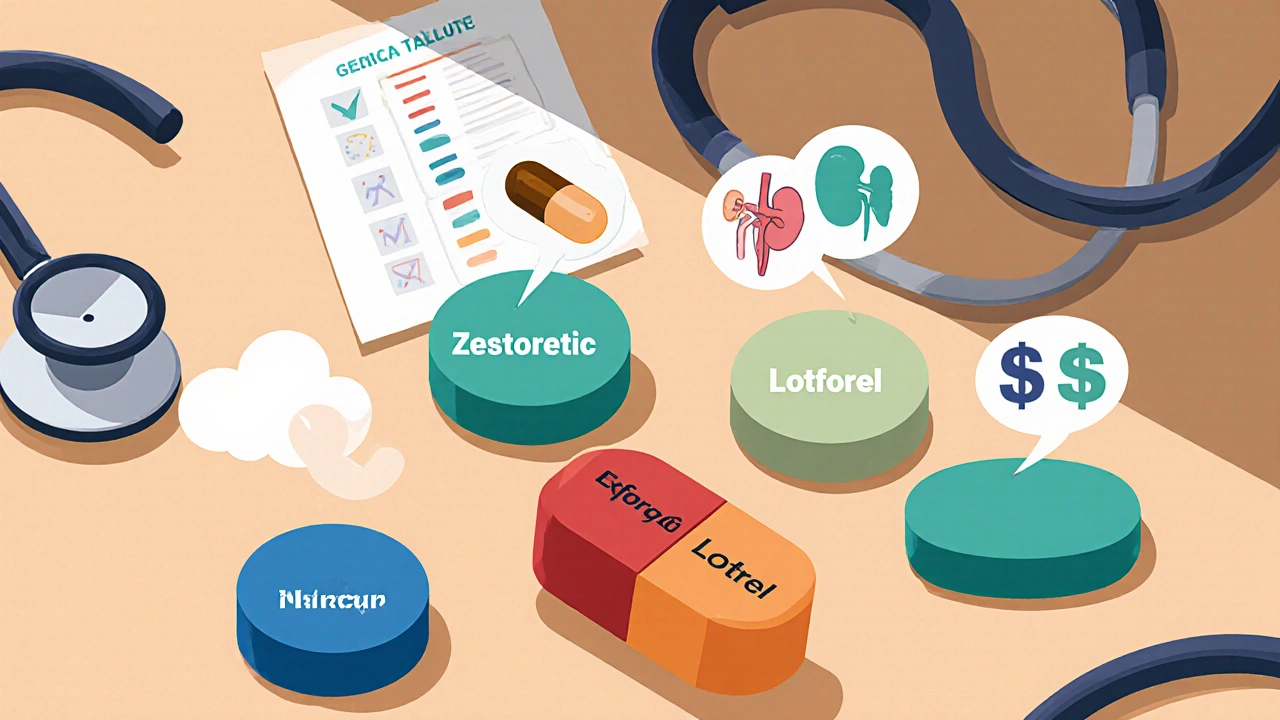 Illustration of various blood‑pressure pills with icons for side effects and cost.