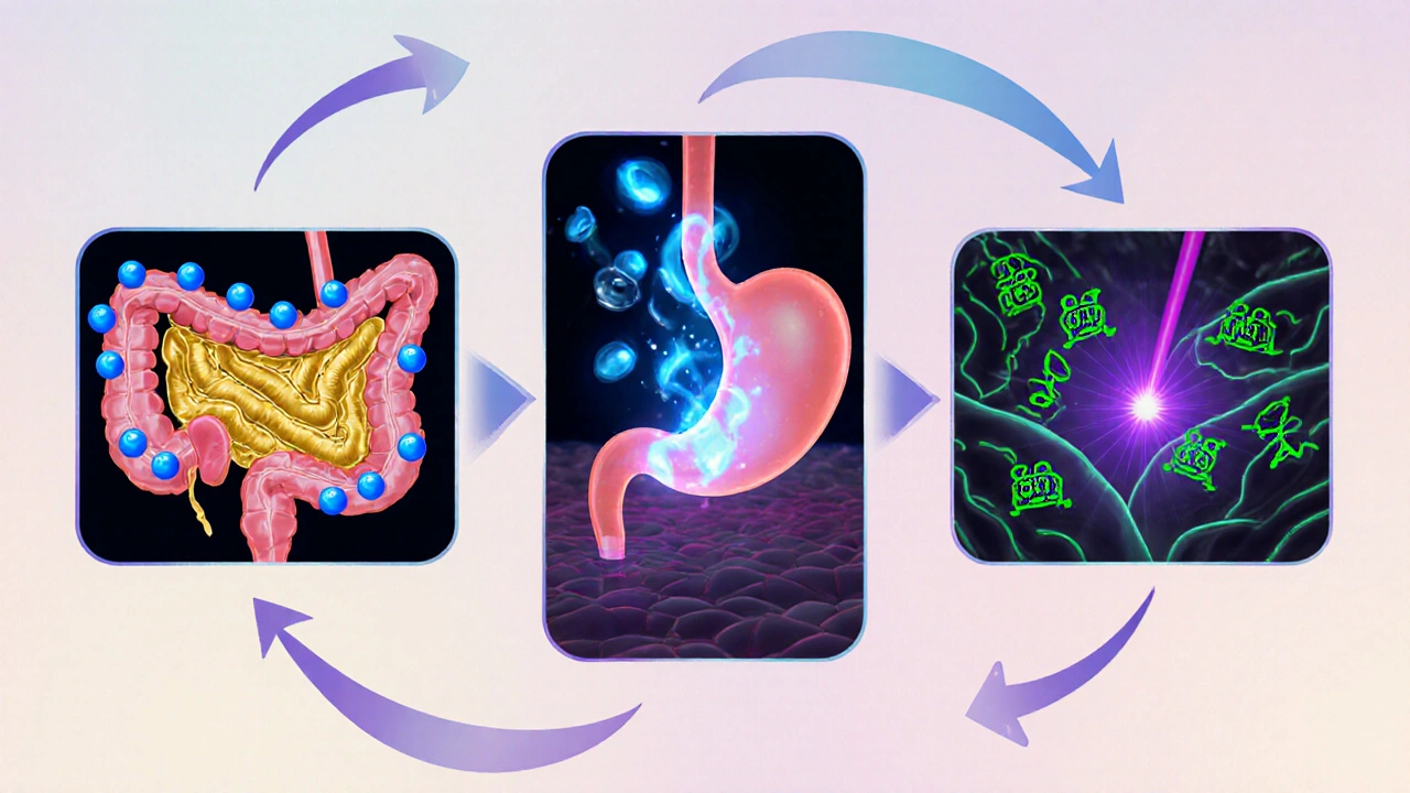 Illustration showing Karela’s actions: intestinal enzyme block, insulin release, and muscle glucose uptake.