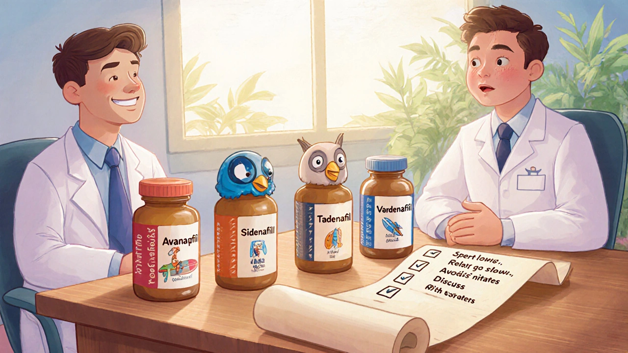 Man and pharmacist compare four stylized pill bottles while reviewing a checklist.