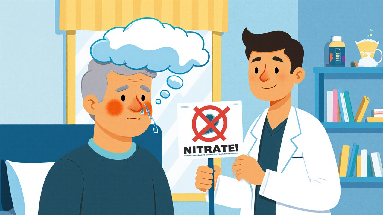 Man with cartoon headache cloud, flushed cheeks, and runny nose next to a pharmacist warning about nitrates.