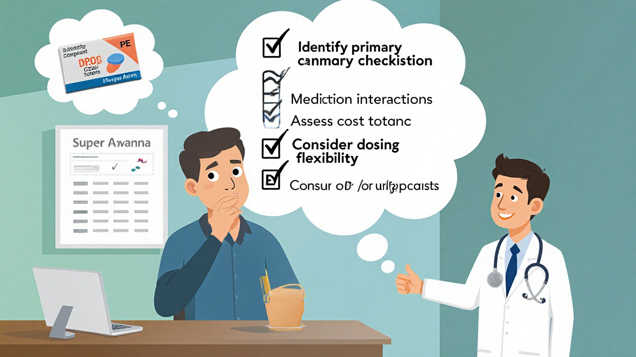 Man with thought bubbles showing a checklist and Super Avana tablet consulting a doctor.