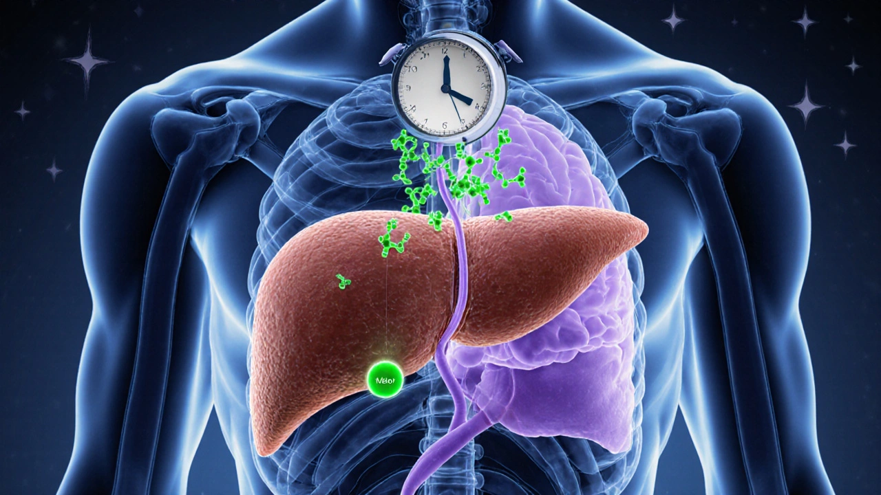 Medical cross‑section showing liver, circadian clock, ammonia and melatonin molecules at night.