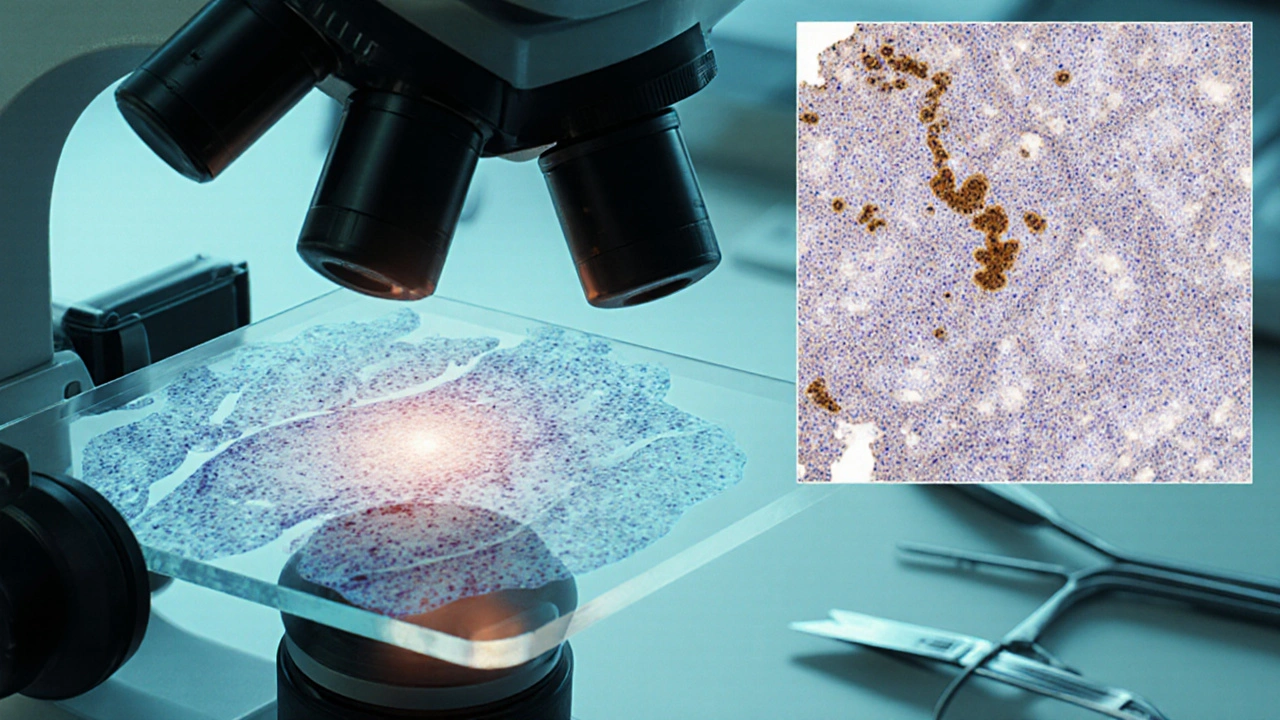Medical illustration of a microscope slide showing KS spindle cells with HHV‑8 staining.