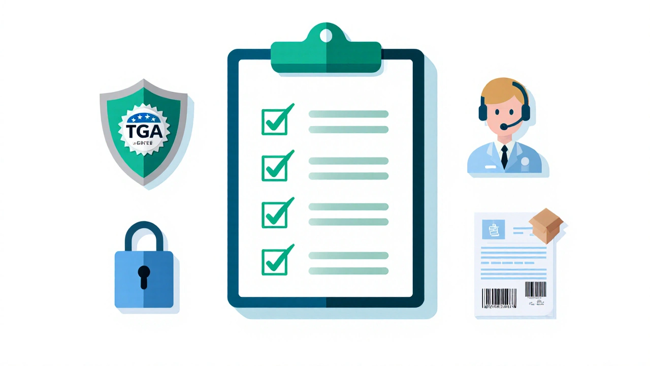 Minimalist checklist icons for TGA badge, pharmacist, encryption, tracking, and prescription.