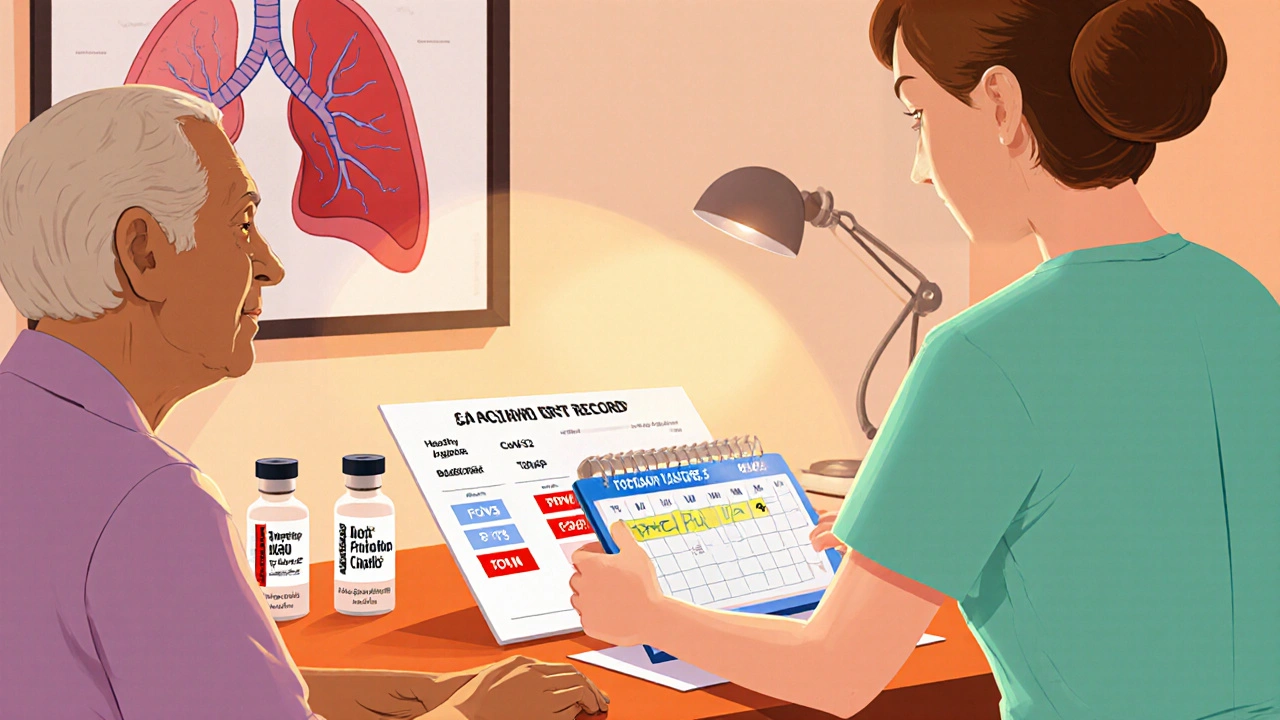 Nurse and IPF patient discuss vaccination schedule with calendar and vial icons.