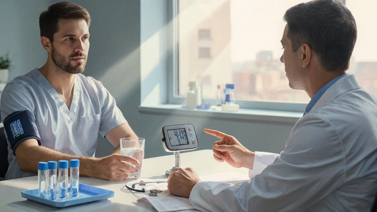 Patient and doctor discussing medication with a blood‑pressure monitor in a sunny clinic.