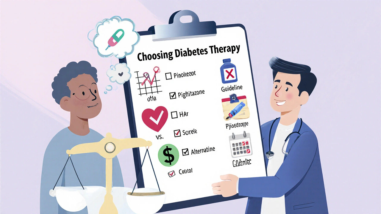 Patient and doctor review a checklist and balanced scale to choose therapy.