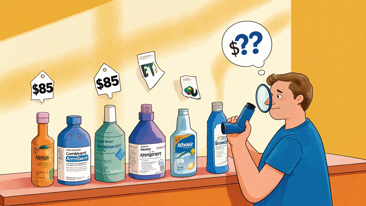 Patient comparing multiple inhalers on a counter with price tags floating above.