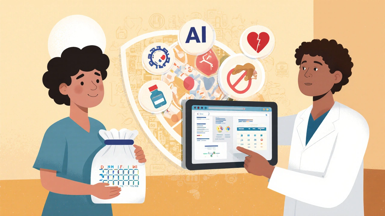 Patient receiving synchronized meds with AI analysis overlays, pharmacist guiding safe medication use through complete records.