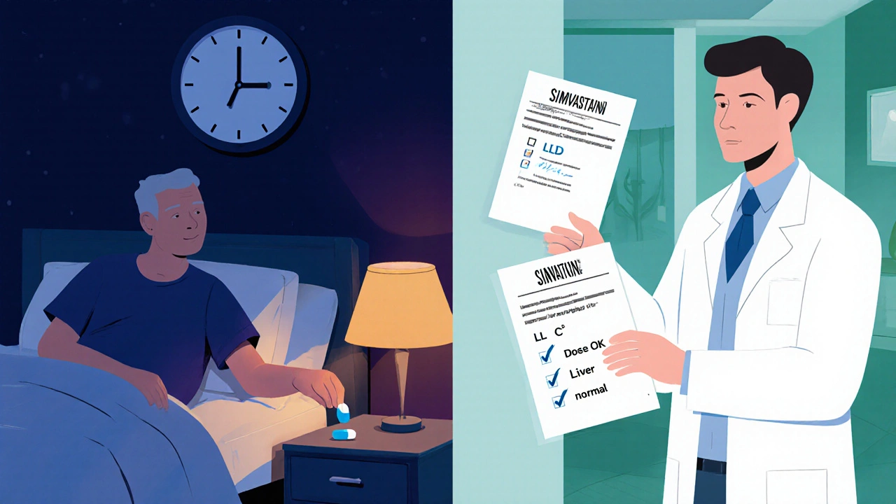 Patient taking Simvastatin at night with doctor reviewing cholesterol test results.