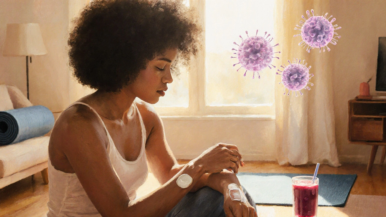 Person applying moisturizer to a KS patch, with sunny room and wellness items.