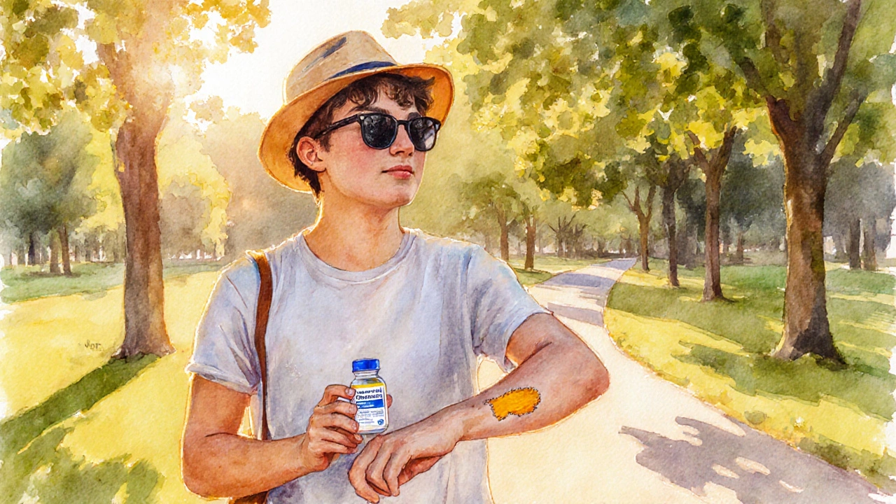 Person applying sunscreen while holding a pill bottle in a sunny park.