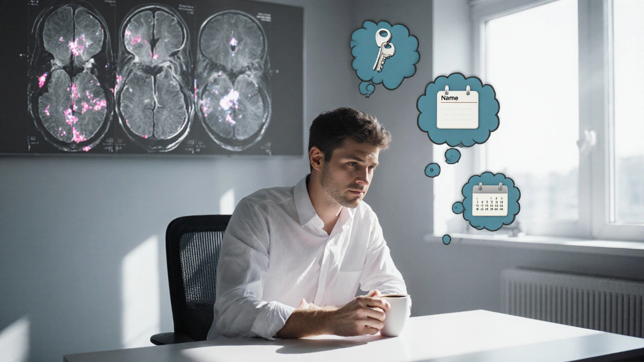 Person at a desk remembering lost items, with faint brain MRI highlights in the background.