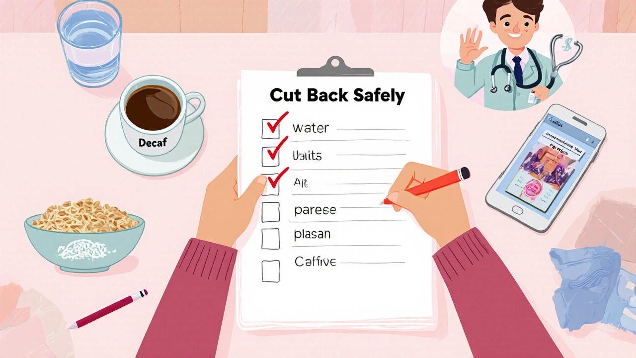 Person checking a cut‑back list with coffee, water, food, and a doctor figure.