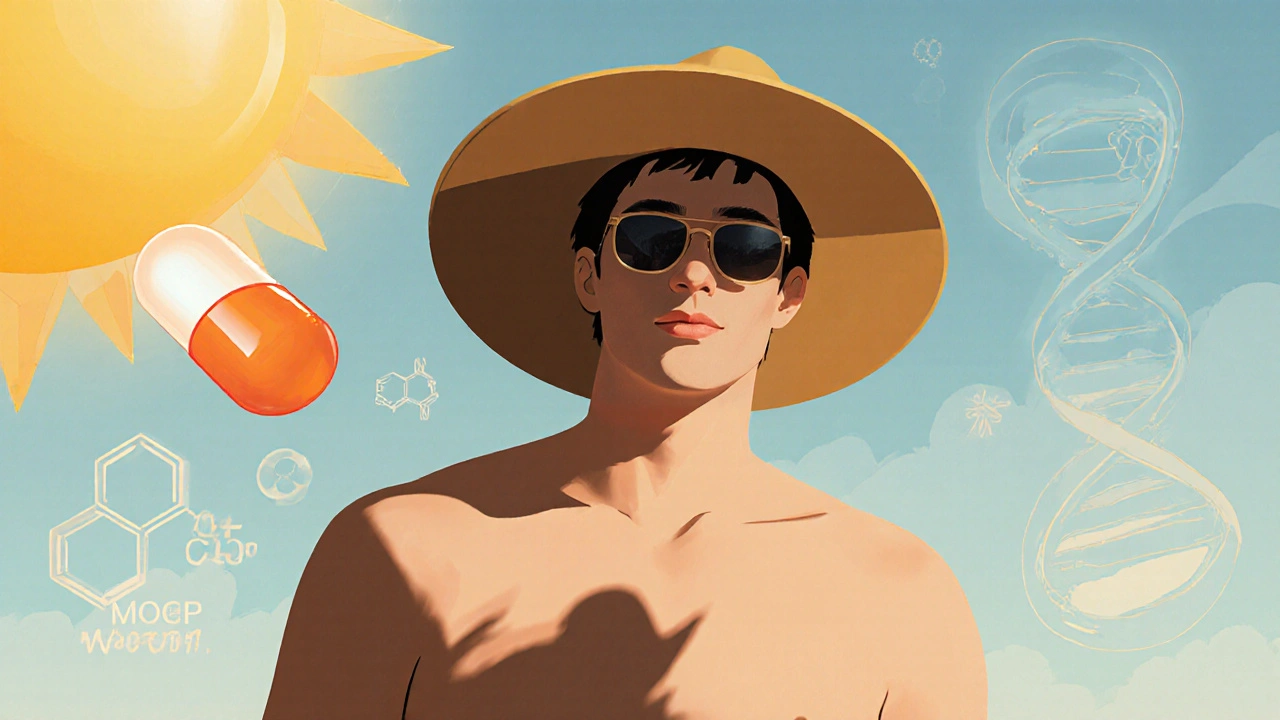 Person in sun protection gear with shadow of a pill, indicating Minocin side effects.