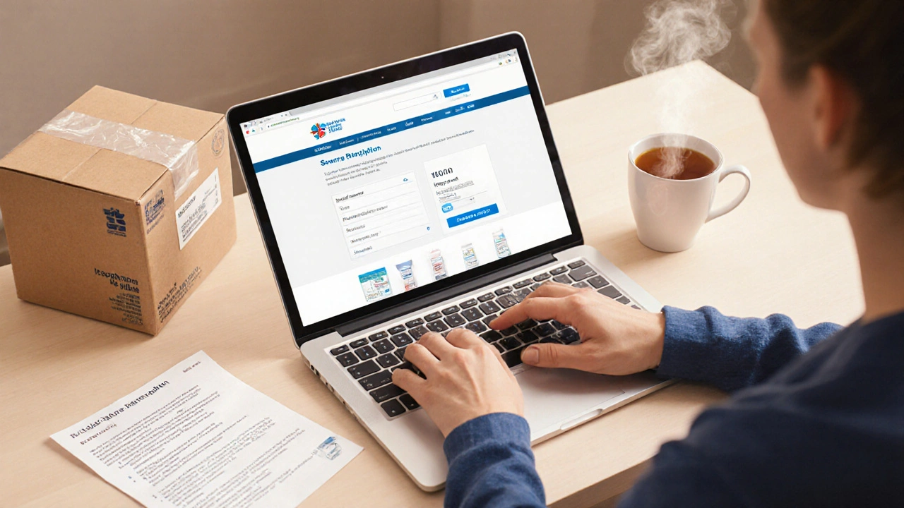 Person ordering medication online at a kitchen table with laptop and prescription.