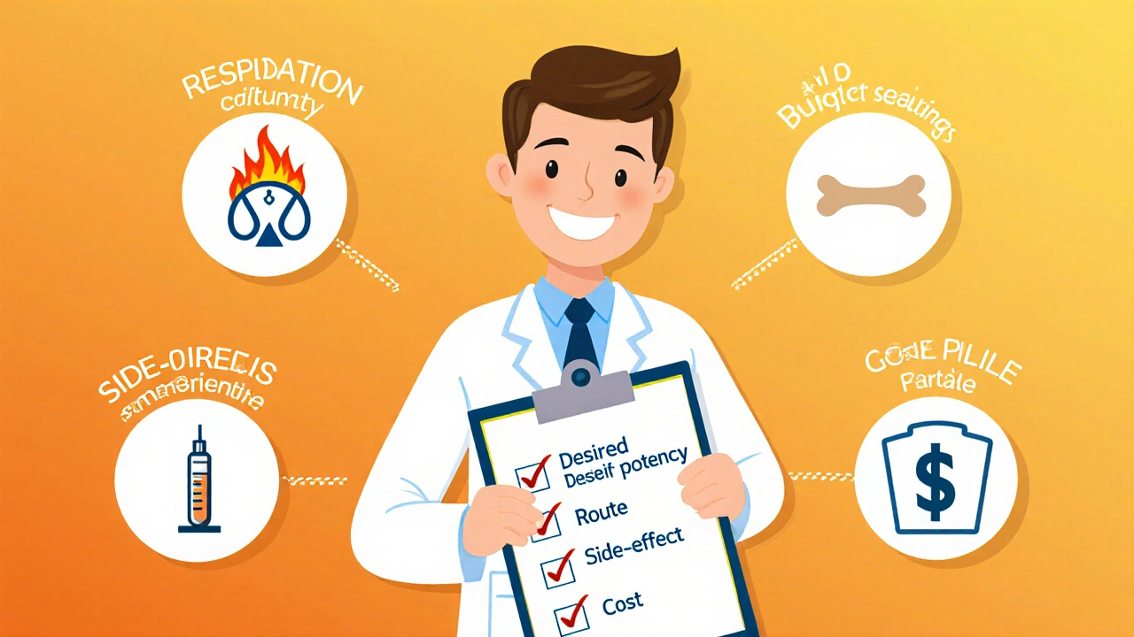 Physician holds a clipboard showing a steroid selection checklist with related icons.
