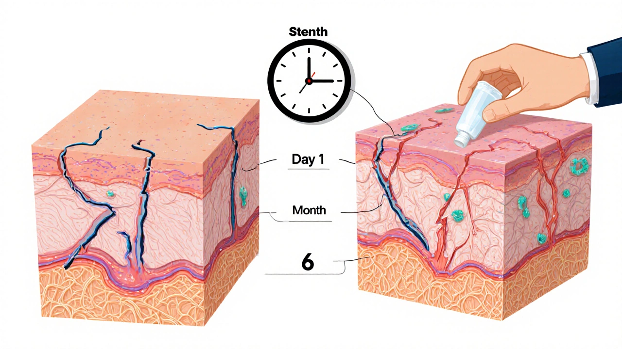 Split illustration comparing healthy skin to thinned skin with bacteria invading damaged collagen.