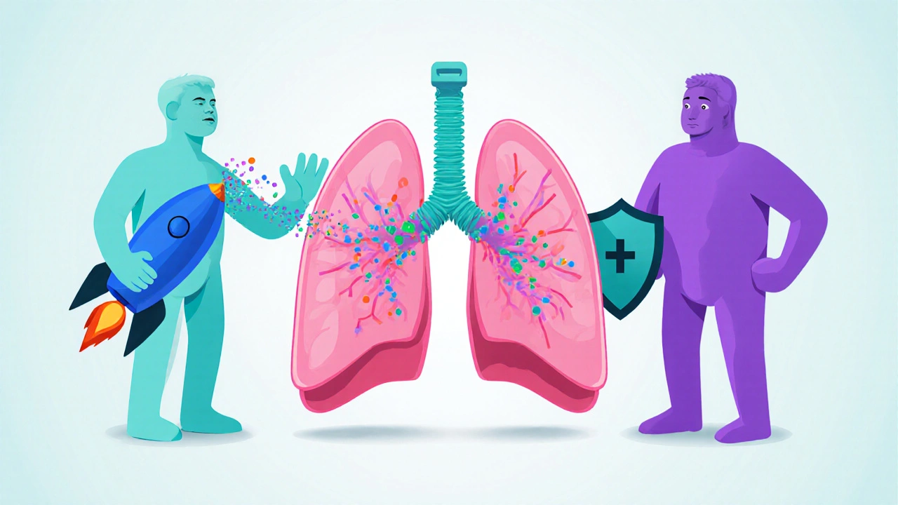 Split illustration showing albuterol relaxing smooth muscle and ipratropium blocking receptors.
