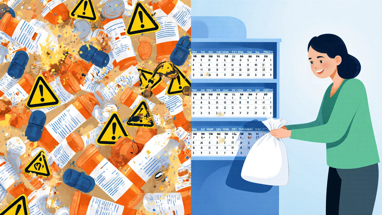 Split scene: chaotic multiple pharmacies on left vs. organized single pharmacy on right, showing safer medication management.