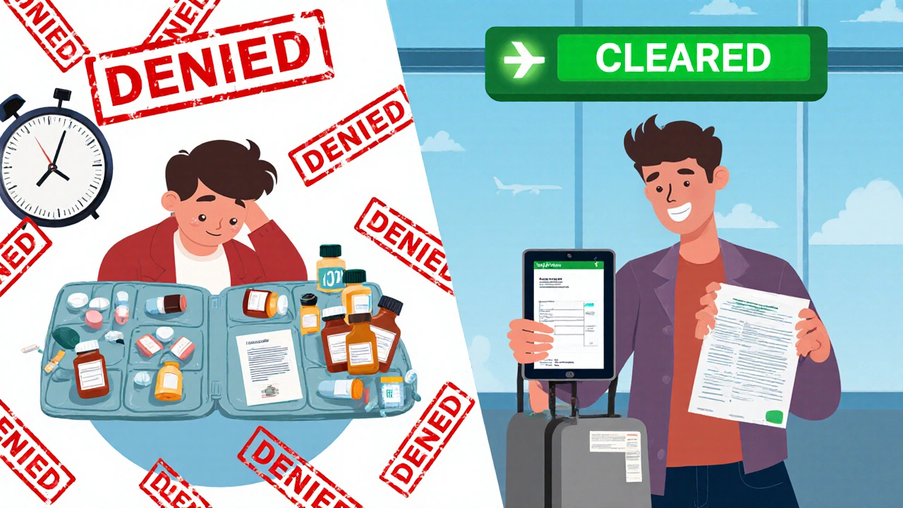 Split scene: chaotic unlabeled pills vs. organized meds with approval code, showing consequences of preparation vs. neglect.