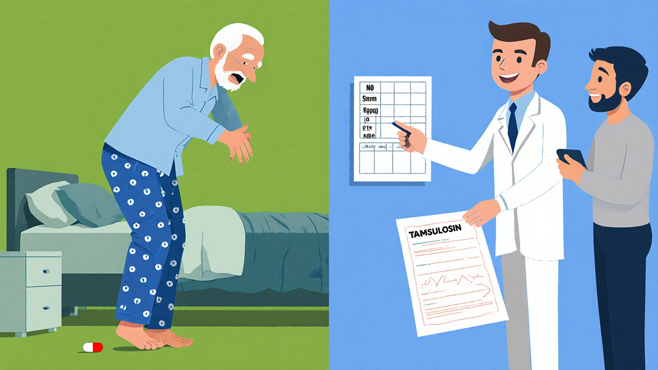 Split scene: man fainting from terazosin vs. standing safely with tamsulosin, editorial cartoon illustration.