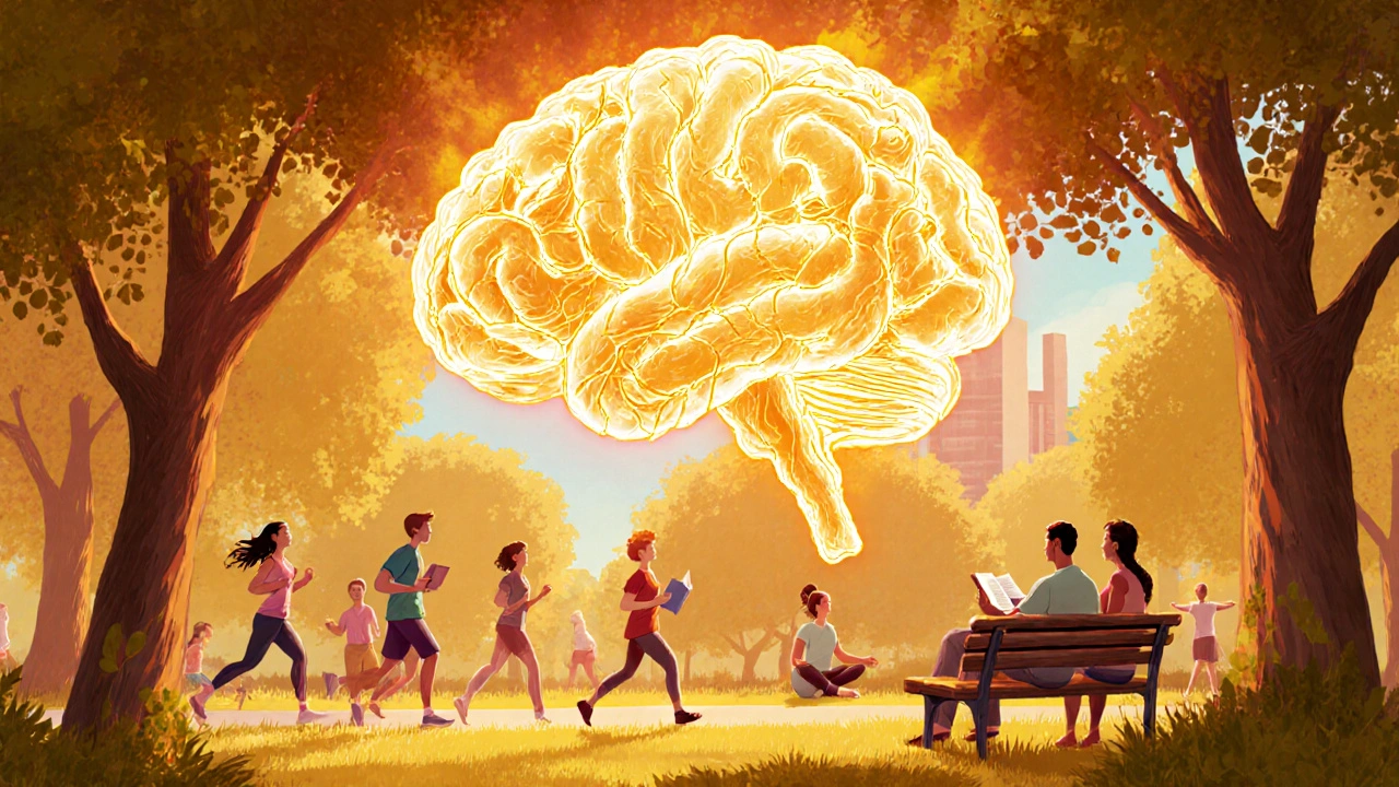 Sunny park scene showing people exercising and a glowing hippocampus representing recovery.