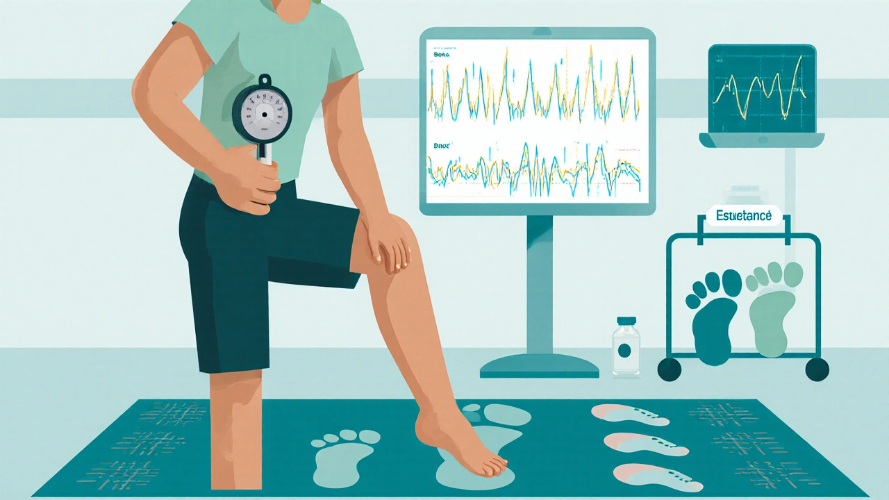 Therapist assessing a child's leg with tools for spasticity, showing EMG monitor and gait walkway.