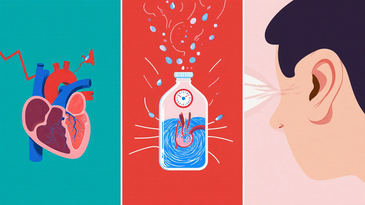 Three-panel cartoon showing heart pressure, dehydration, and inner ear fluid changes.