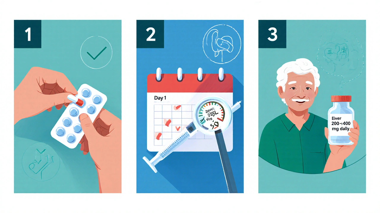 Three‑panel comic of dosing steps: small pill, serum level test, and daily dose with lab icons.