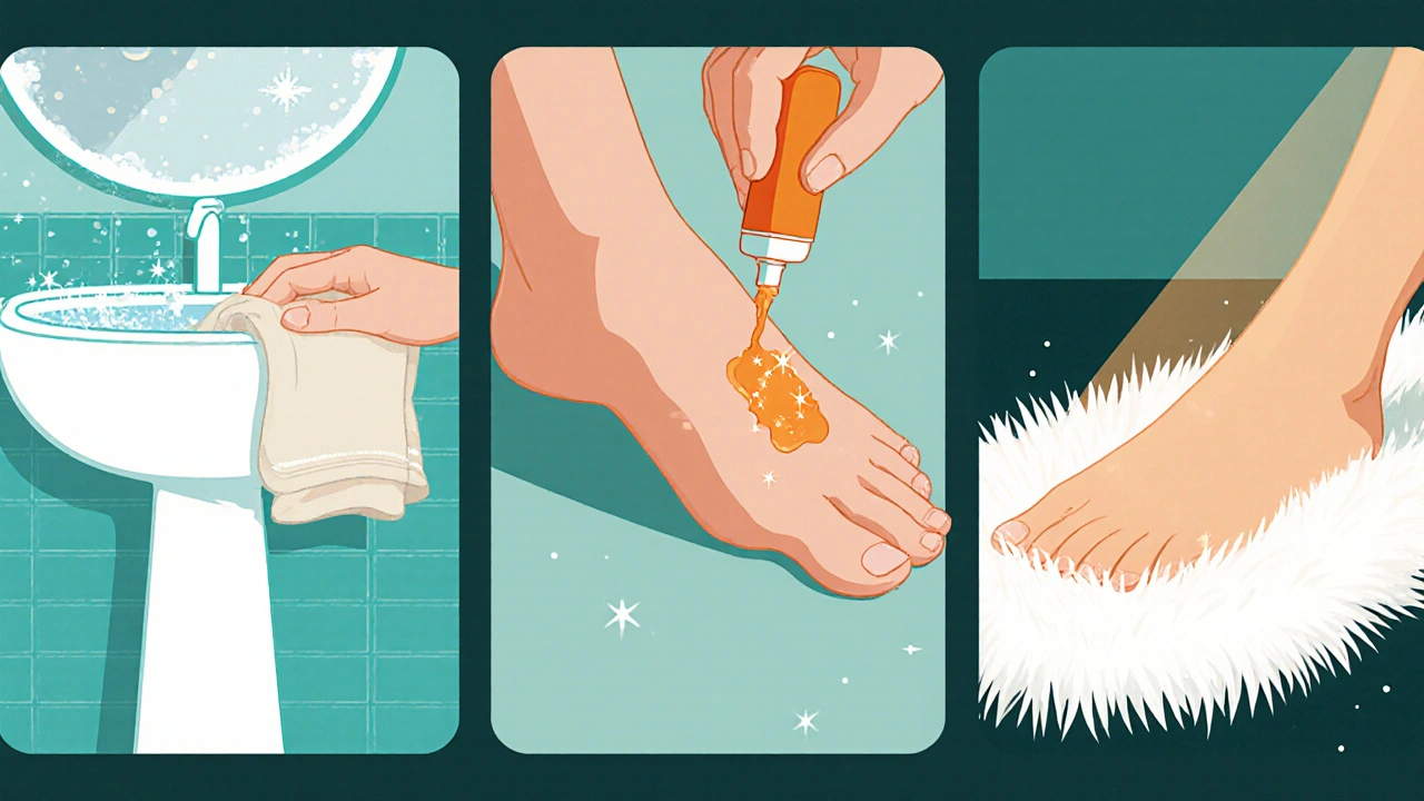 Three panels showing washing, applying cream, and drying a foot for butenafine treatment.
