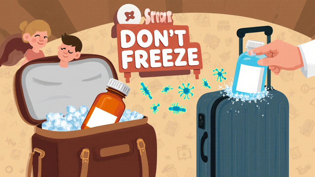 A family packing medicine in a cooler for travel, with a &#039;Don&#039;t Freeze&#039; sign and pharmacist guiding from the label in cartoon illustration.