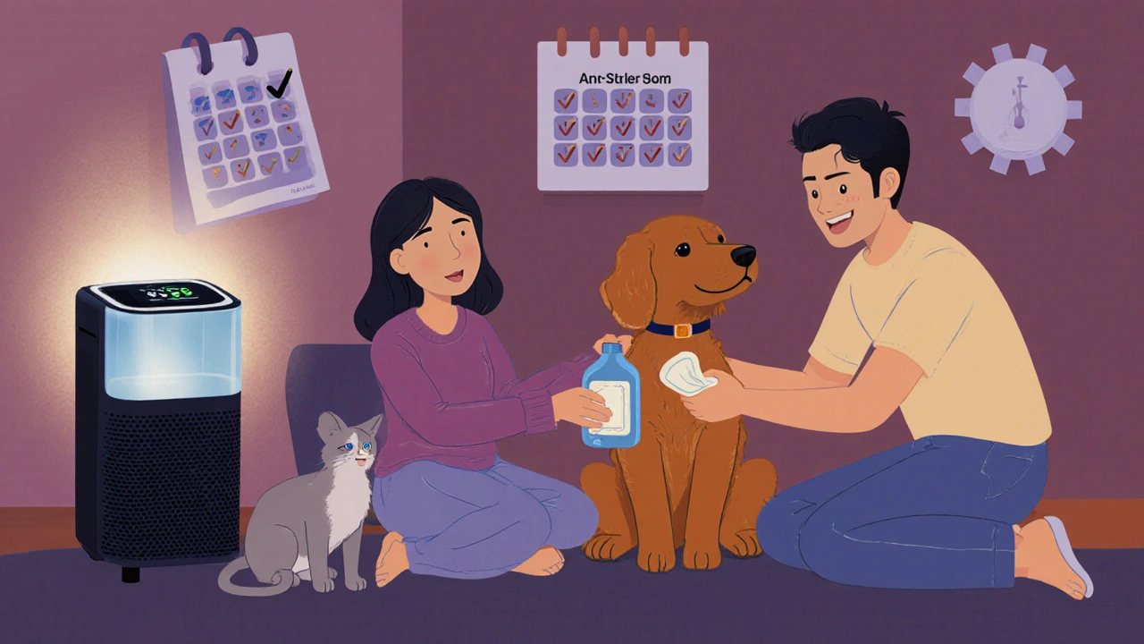 A family wiping down their pet with an anti-allergen product while a smart air purifier monitors air quality.