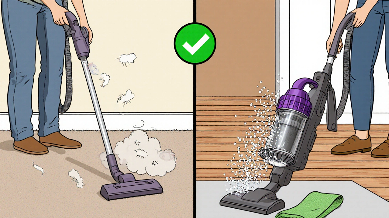 A person using a HEPA vacuum that captures allergens, contrasting with a standard vacuum spreading dust.