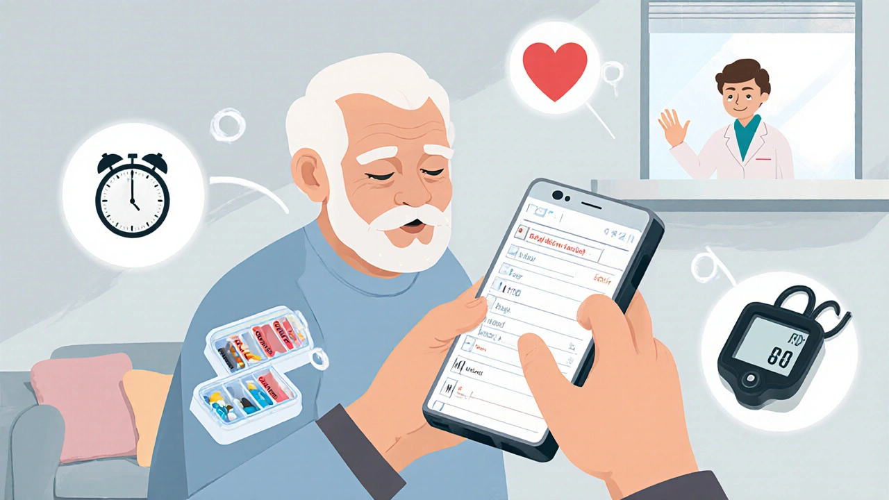 An elderly person using a medication app on their phone, surrounded by reminders and a pharmacist.