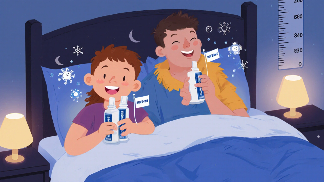 Child and adult using Rhinocort at bedtime, immune cells surrendering as anti-inflammatory particles settle.