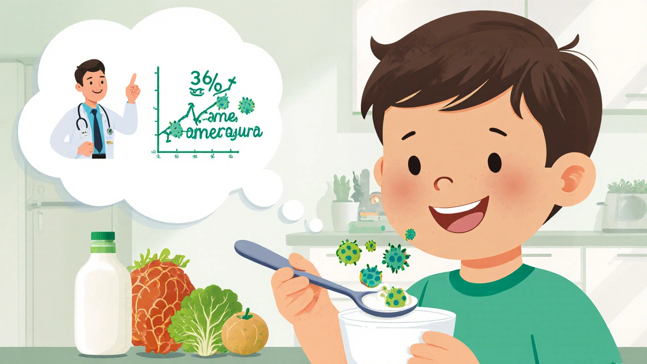 Child eating yogurt with friendly microbes inside, thought bubble shows reduced diarrhea duration, fermented foods in background.