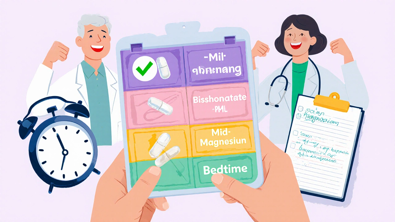 Colorful pill organizer with bisphosphonate and magnesium separated by time, alarms and logbook nearby
