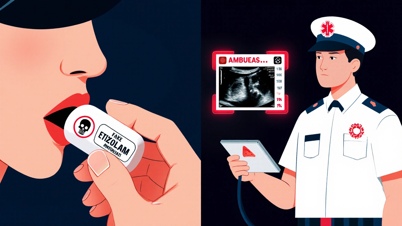Contrasting image of illicit benzodiazepine pill and ultrasound detecting respiratory depression.