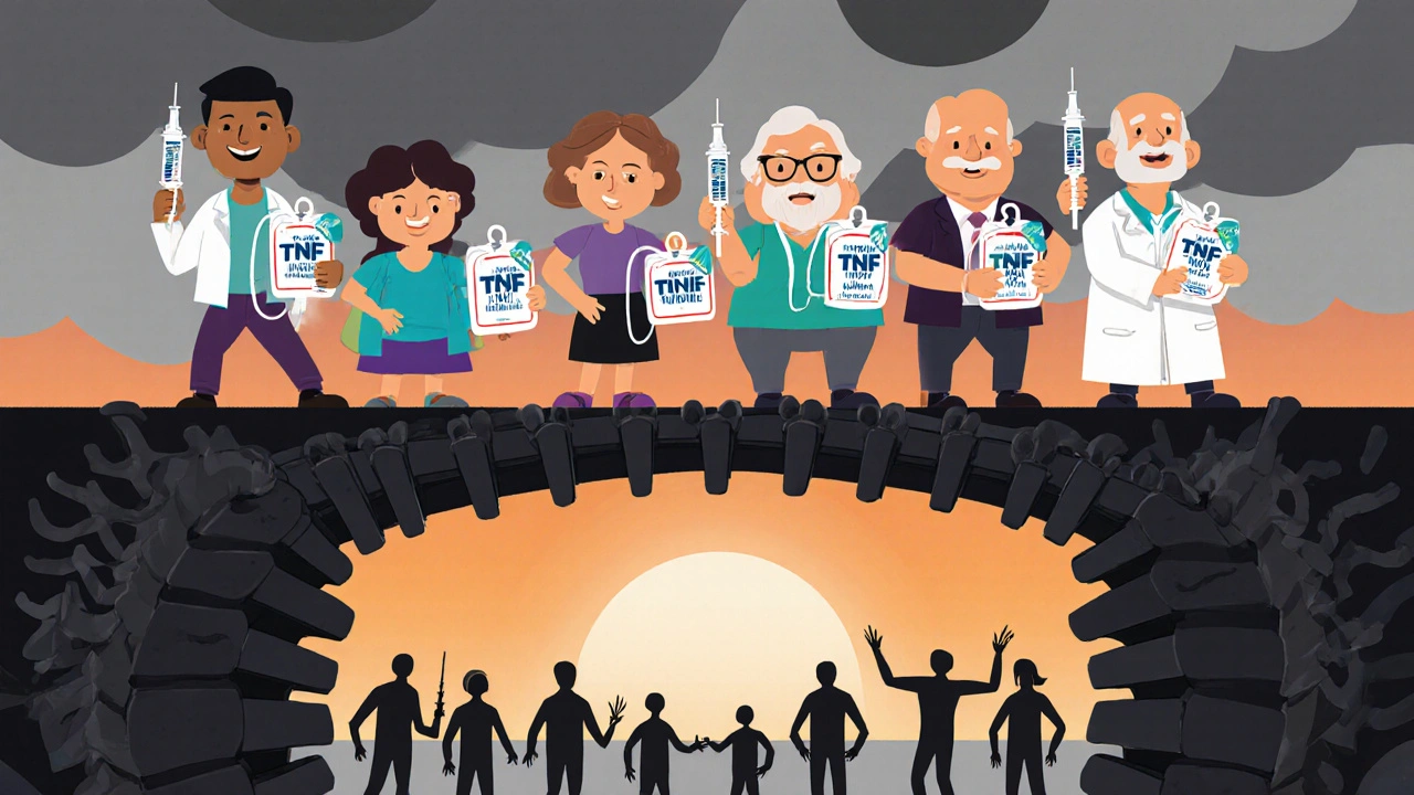 Diverse patients crossing a spine bridge from stiffness to mobility, holding TNF inhibitor treatments.